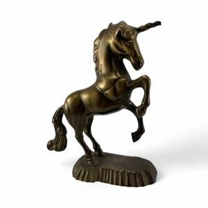 Vintage Solid Brass Rearing Unicorn Figurine – 5.25” Mythical Statue